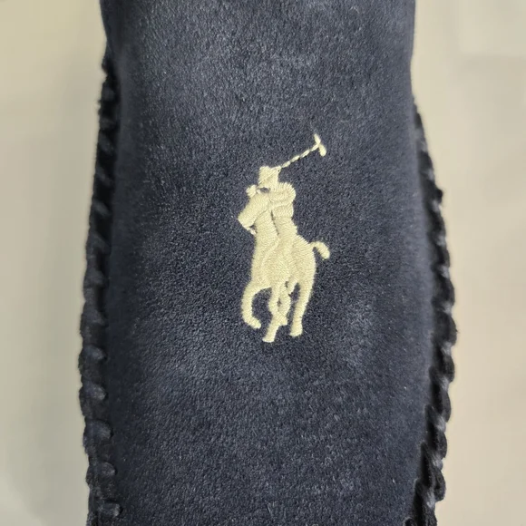 Polo Ralph Lauren Collins Suede Leather Slippers Mens 10 Navy Memory Foam NIB